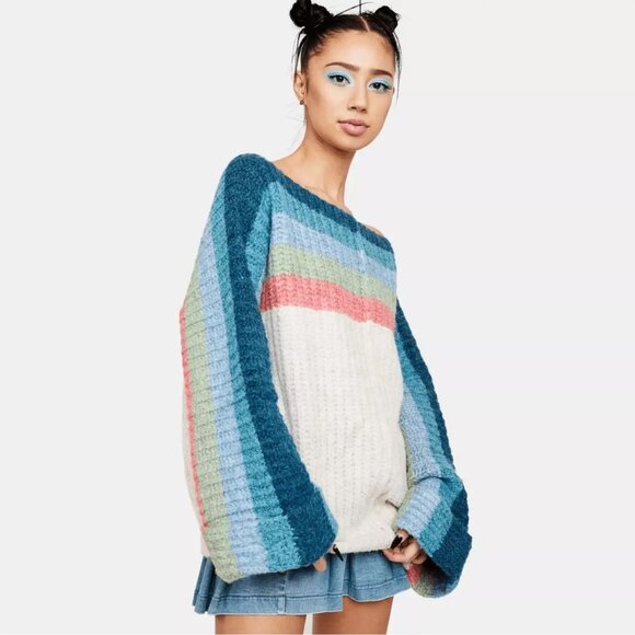 POL Rainbow Stripe Wool Blend Boat Neck Bell Sleeve Sweater large - Picture 2 of 7